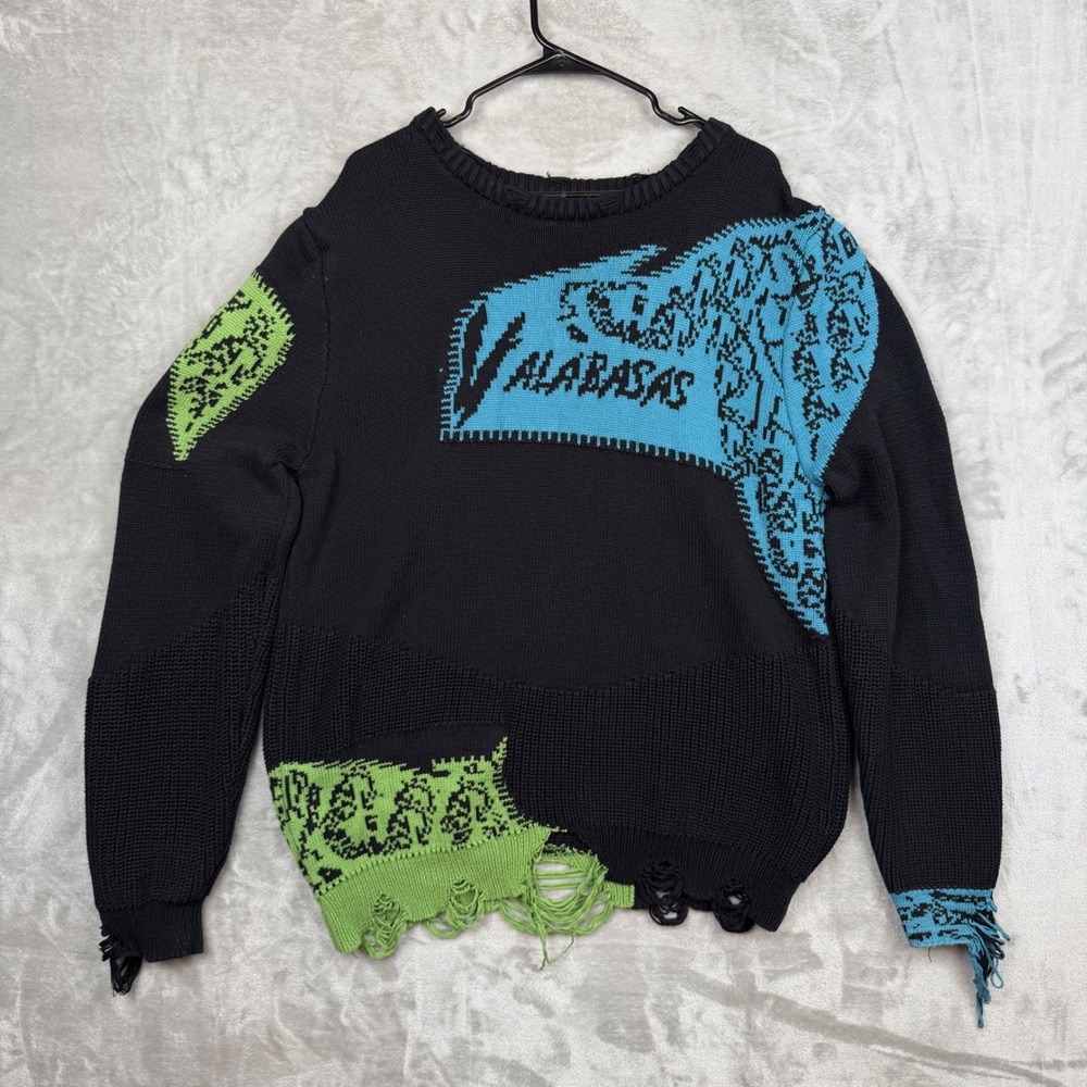 Valabasas Distressed Graphic Knit Sweater Black XL Neon Blue Green